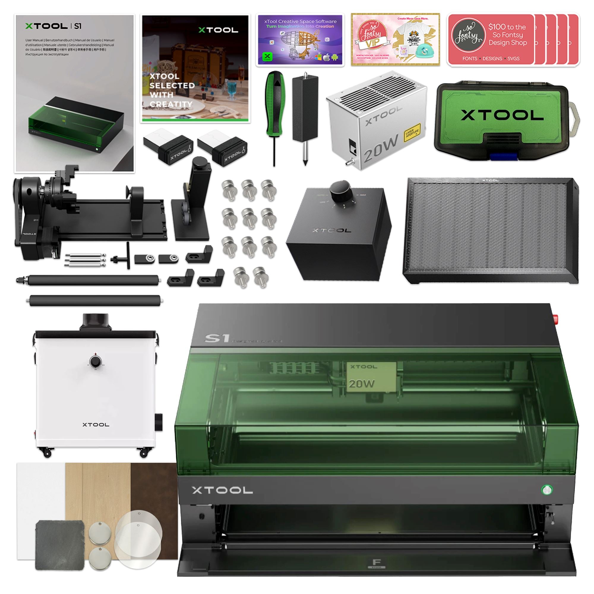 xTool S1 Laser Cutter & Engraver Machine Bundle w/ Rotary, Riser, Filter - 20W Diode Laser