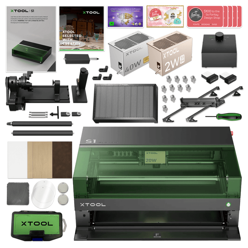 xTool S1 Laser Cutter & Engraver Machine w/ Deluxe IR Laser Engraving Kit 40W Diode Laser Swing Design 1