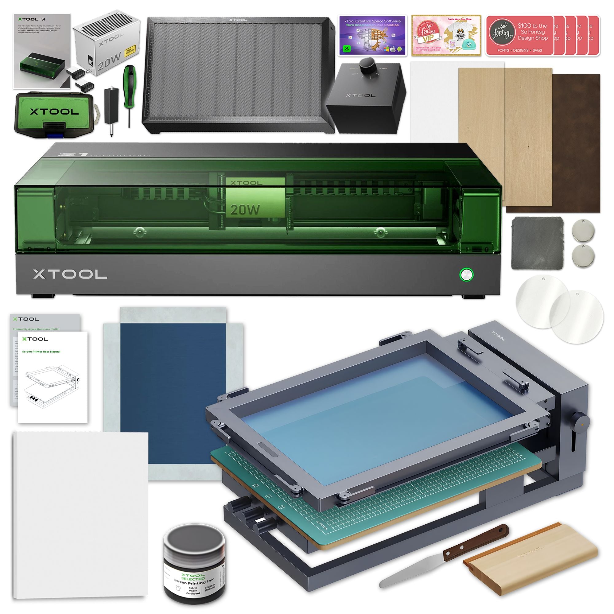 xTool S1 Laser Cutter & Engraver Machine with Screen Printing Bundle Laser Engraver xTool 20W Diode Laser 