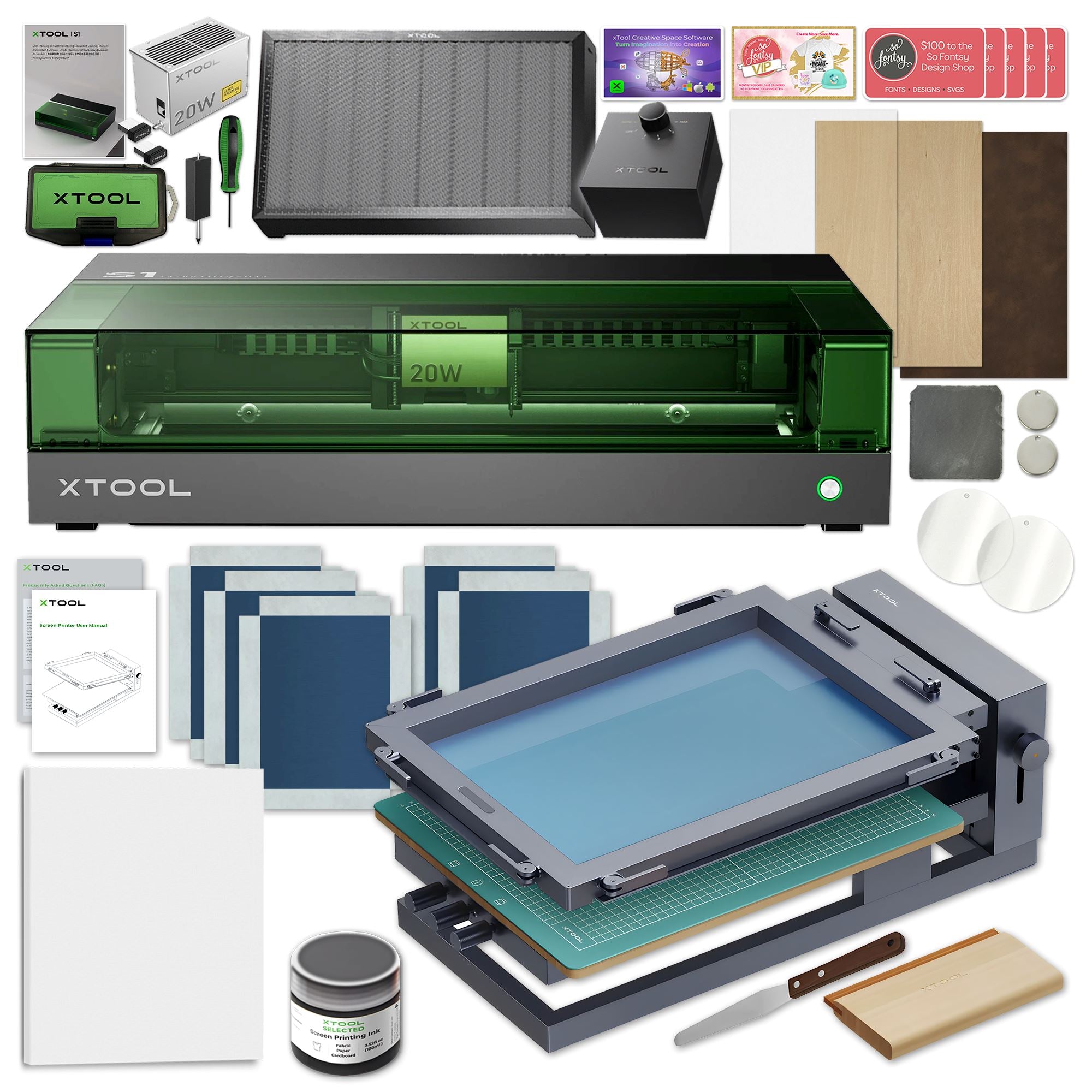 xTool S1 Laser Cutter & Engraver Machine with Screen Printing Bundle Laser Engraver xTool 20W Diode Laser 