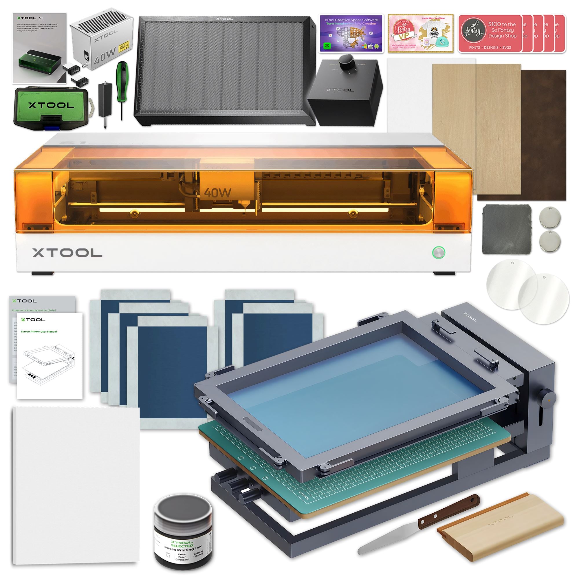 xTool S1 Laser Cutter & Engraver Machine with Screen Printing Bundle - White Laser Engraver xTool 40W Diode Laser +$500 