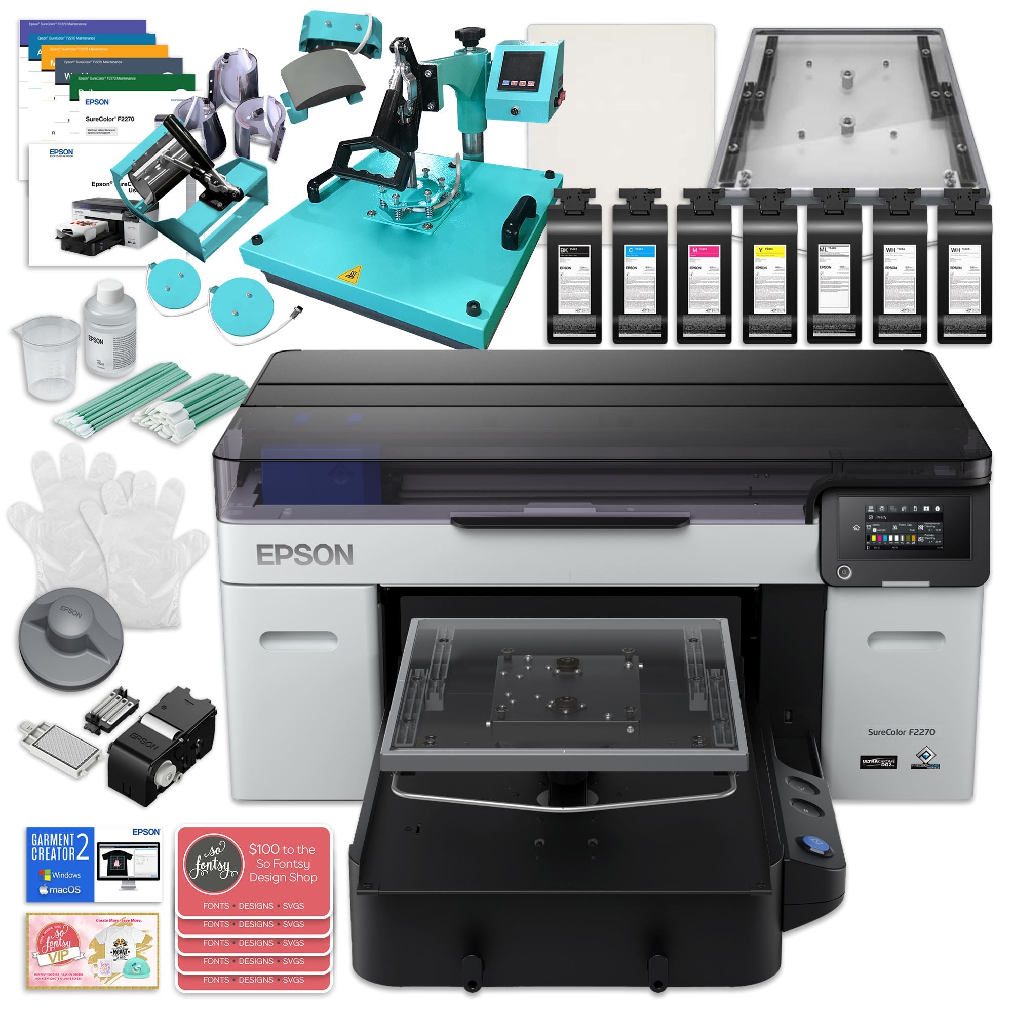 Epson F2270 DTG & DTF Combo Printer Bundle w/ 8-in-1 Heat Press - F2270 W, Turquoise 8-in-1