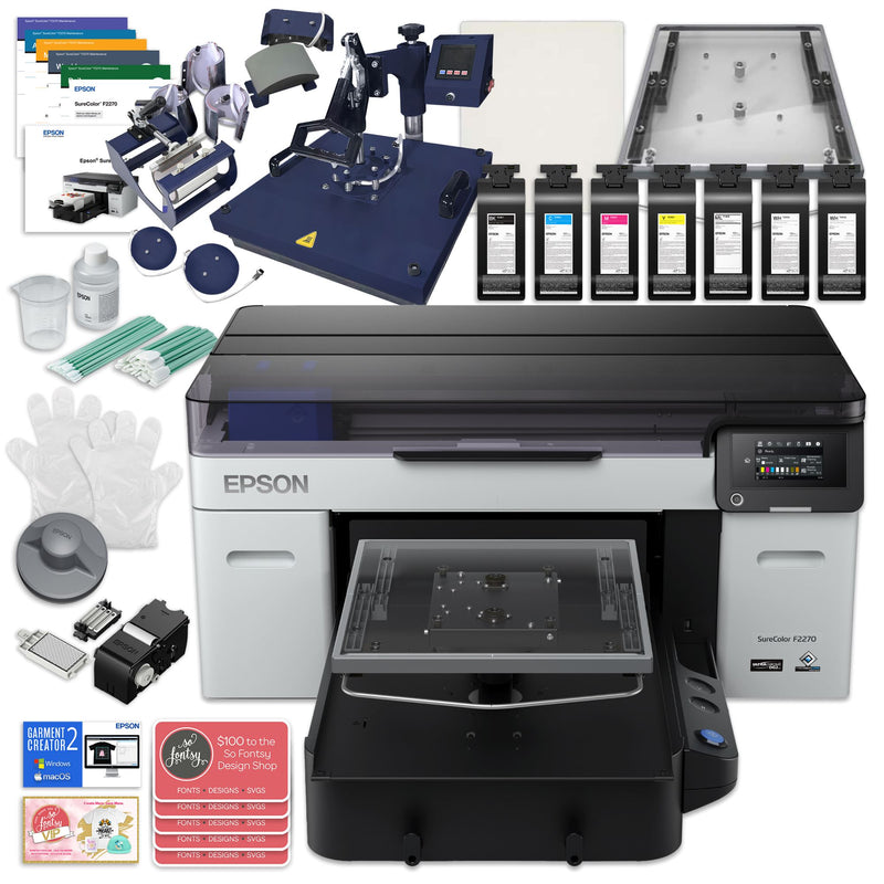 Epson F2270 DTG & DTF Combo Printer Bundle w/ 8-in-1 Heat Press DTG Bundles Epson F2270 w/ Navy 8-in-1 
