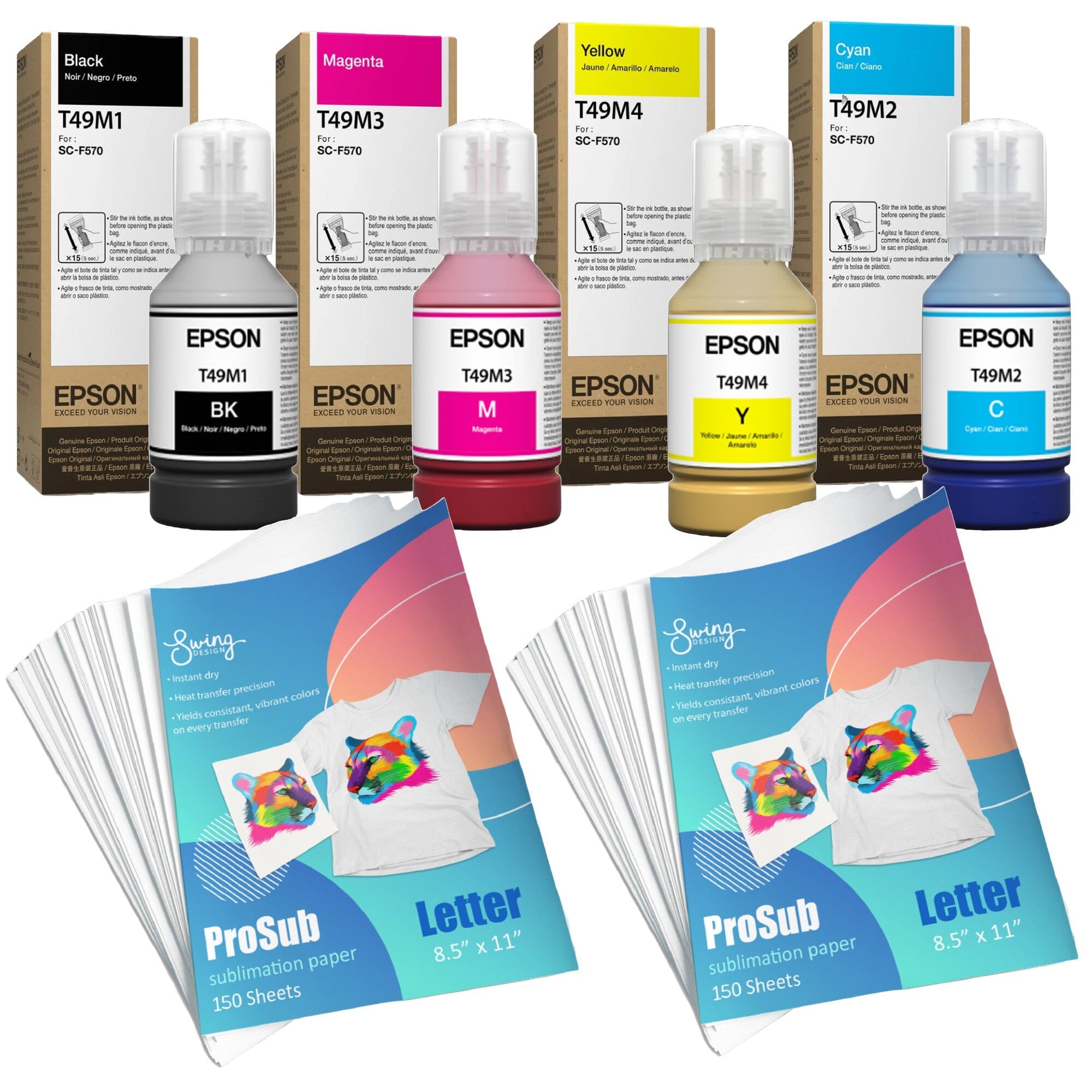 Epson Ink Set For F170 & F570 - 4 Pack with 300 Sheets of Sublimation Paper