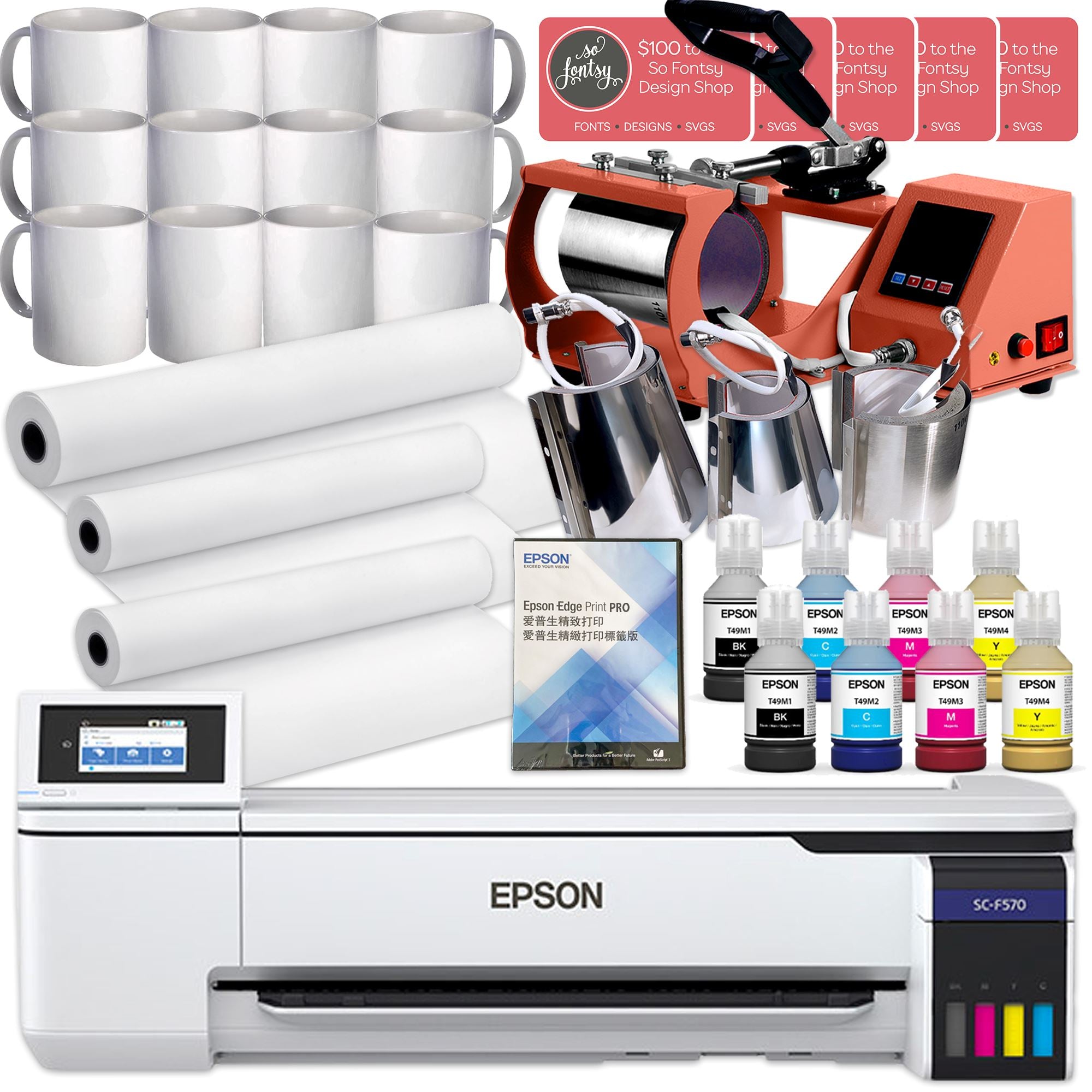 Epson SureColor Pro F570 Desktop 24 Dye Sublimation Paper Printer Bundle - Epson F570 Bundle