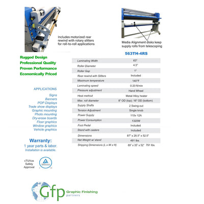 GFP 563TH-4RS Production Top Heat Roll Laminator with Stand - 63" Eco Printers GFP 