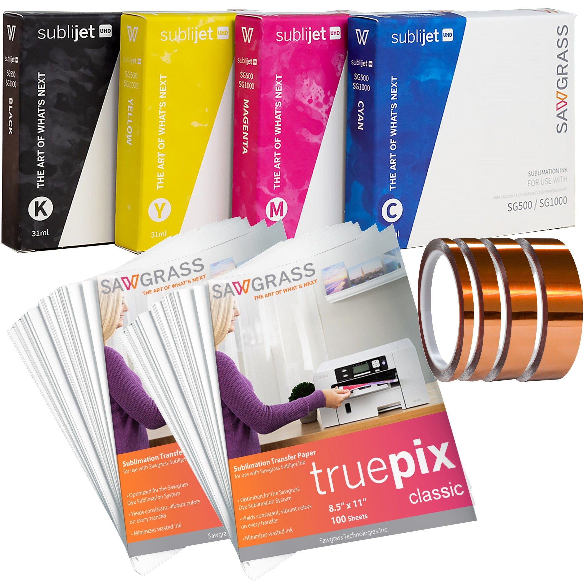 Sawgrass SubliJet UHD Inks SG500 & SG1000 4 Pack, 200 Sheets of Paper & Tape