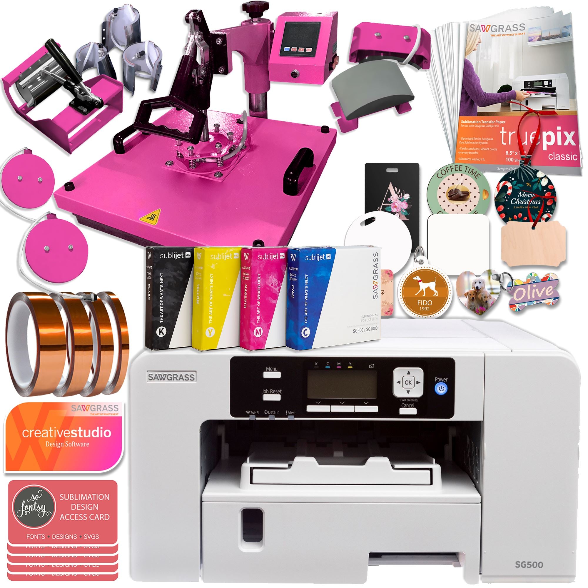 Sawgrass UHD Virtuoso SG500 Sublimation Printer & 15 Pink Heat Press Bundle - Starter Ink Set - 20ml