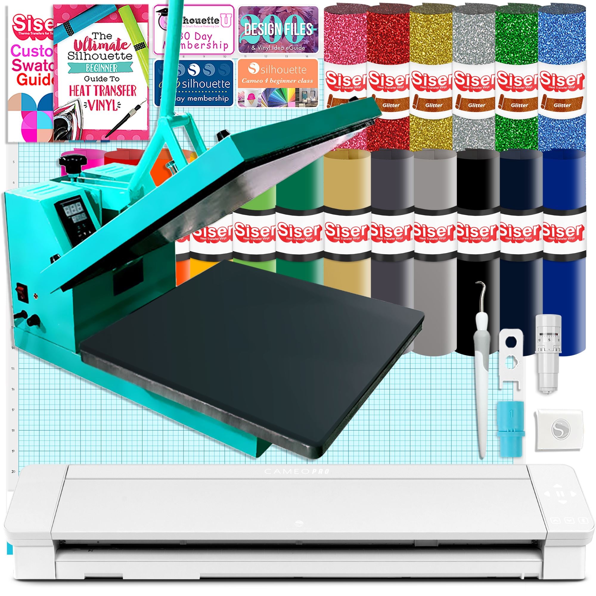 Silhouette White Cameo 4 w/ 15 x 15 Turquoise Slide Out Heat Press Bundle