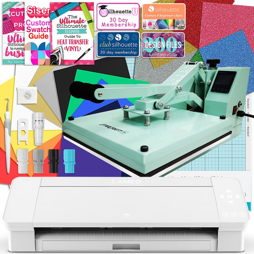  Silhouette Cameo 4 White Bundle with Vinyl Starter Kit, Heat  Transfer Starter Kit, 2 Autoblade 2, 24 Pack of Pens, CC Vinyl Tool Kit,  130 Designs, and Access to Ebooks, Tutorials, & Classes