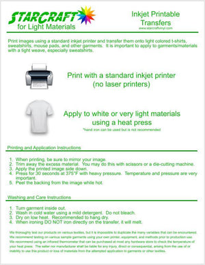 StarCraft Inkjet Printable Heat Transfer 10 Sheet Pack - Light Materials - Swing Design