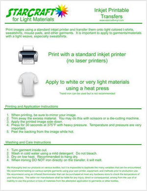 StarCraft Inkjet Printable Heat Transfer 50 Sheet Pack - Dark & Light Materials - Swing Design